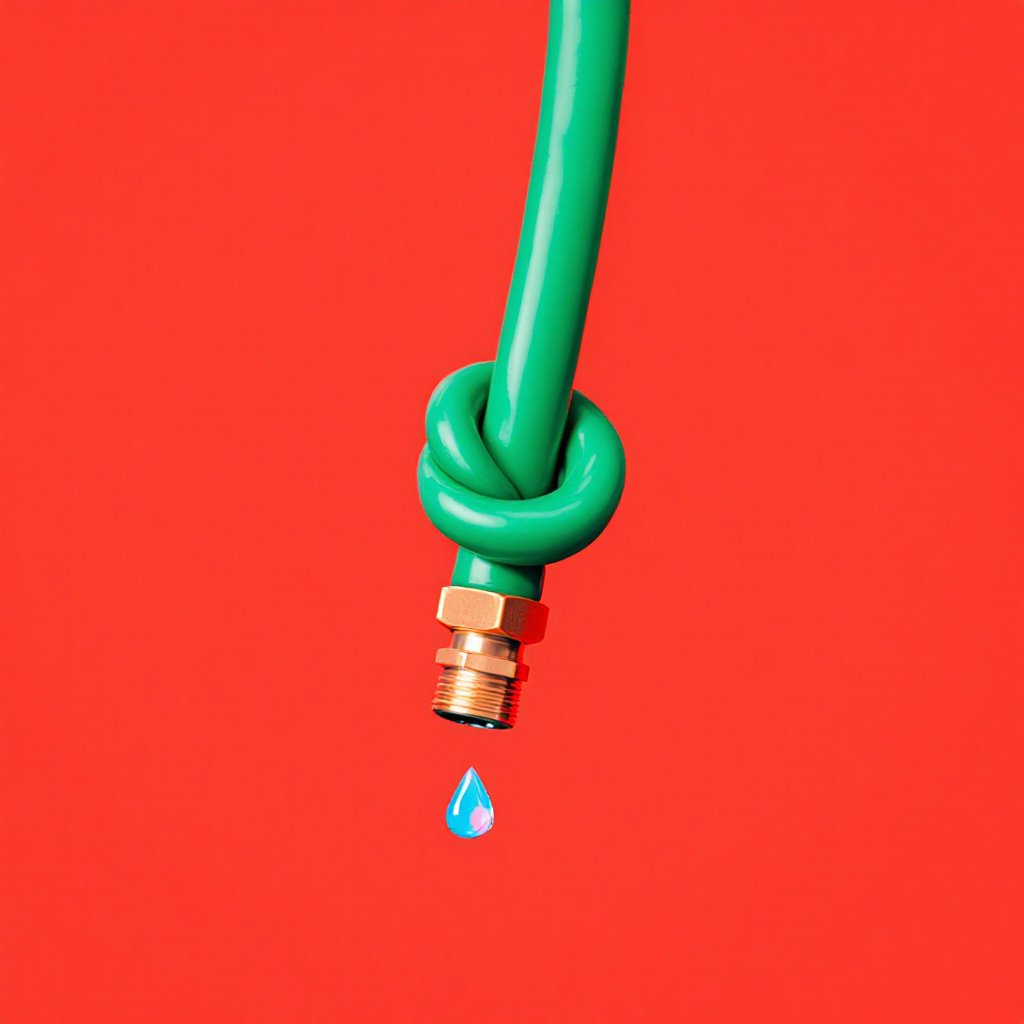 A close-up, minimalist image of a green garden hose with a brass fitting, tied in a knot and hanging against a bold red background. The hose fitting has a small droplet of water at the tip, emphasizing a sense of restriction or blockage. The bright colors create a strong visual contrast, while the knotted hose suggests themes of tension, restraint, or limited flow, possibly symbolizing challenges in progress or efficiency.