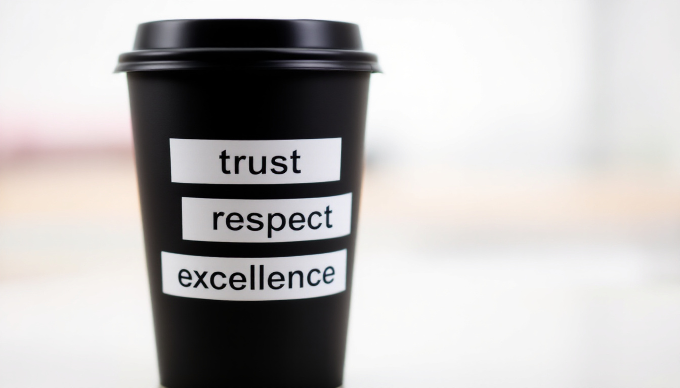 A cup labeled with the words trust, respect and excellence