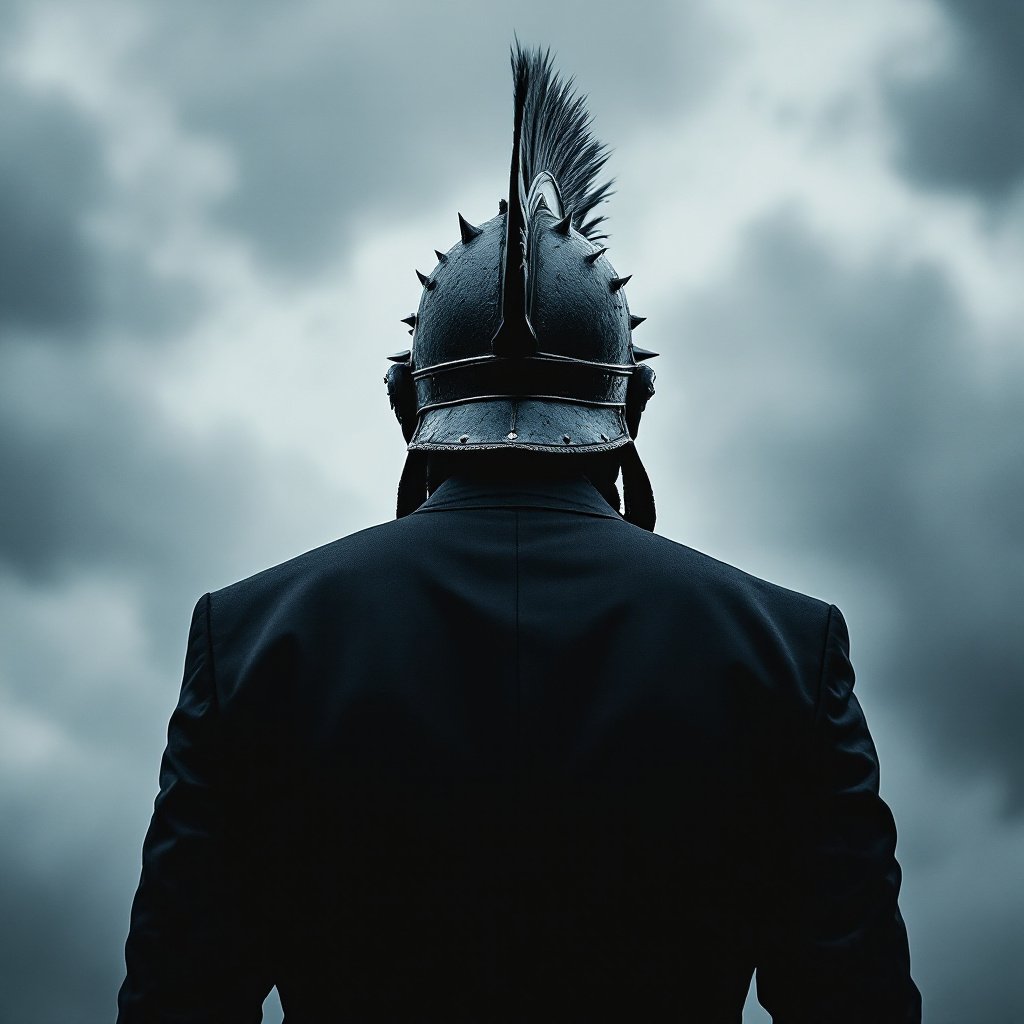 A dramatic image of a man seen from behind, wearing a dark suit and an old-fashioned spiked helmet, with a stormy, overcast sky as the backdrop. The helmet, reminiscent of historical warrior attire, contrasts with the modern suit, creating a juxtaposition that suggests themes of conflict, resilience, or perhaps a metaphorical 'battle-ready' mindset in a contemporary context. The gloomy sky adds an ominous tone, evoking a sense of tension or anticipation.