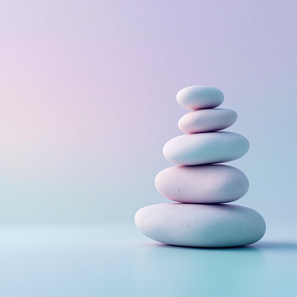 A minimalist image of smooth, stacked stones balancing delicately against a soft pastel background. The stones are carefully arranged, forming an abstract structure that symbolizes harmony, stability, and balance. The background is a gentle gradient of futuristic colors, such as teal and lavender, giving the scene a modern and serene feel, echoing themes of mindfulness and tranquility in a contemporary context.