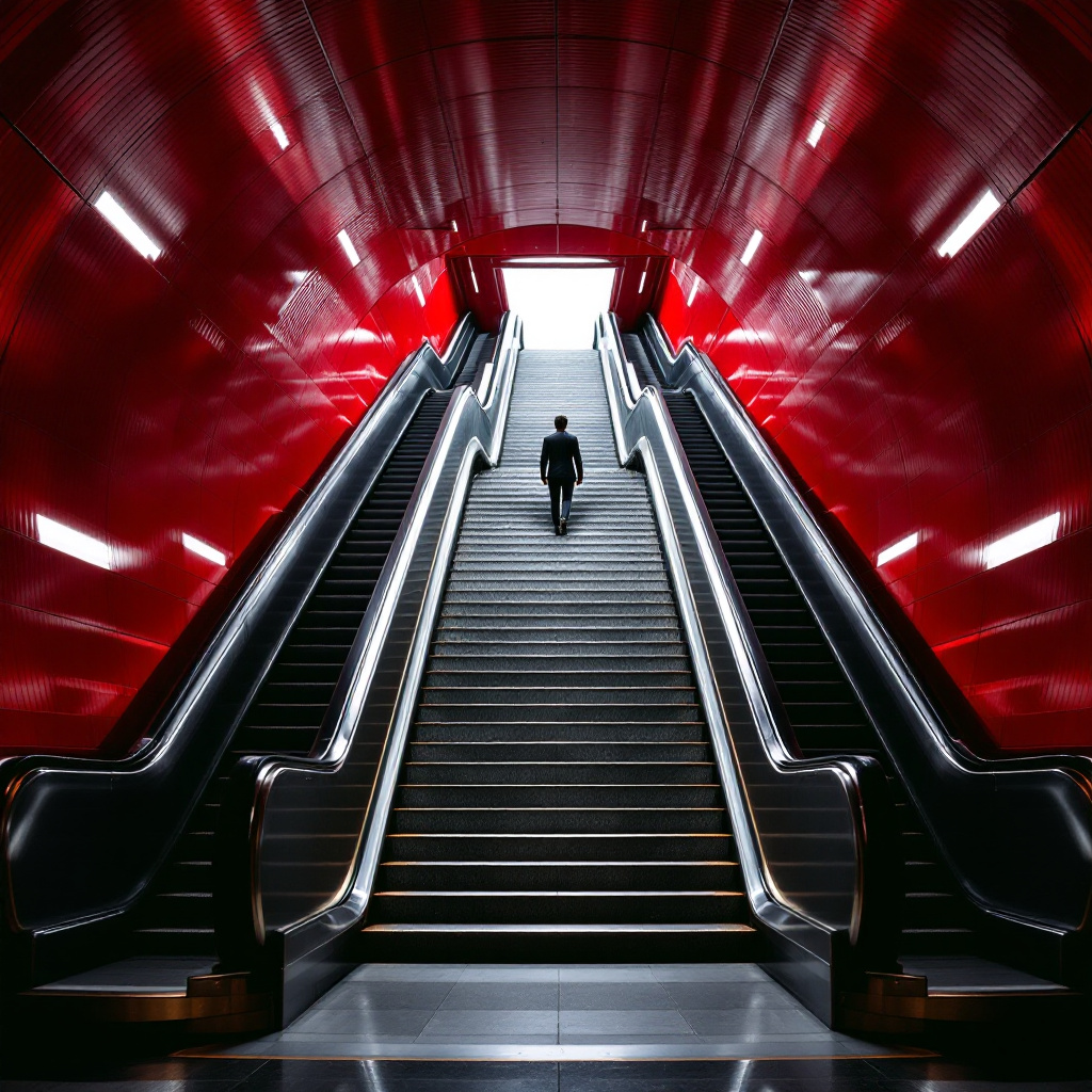 A person is climbing a wide staircase in a subway station, surrounded by red walls and contemporary architecture. Escalators flank the stairs on both sides, leading up to a well-lit opening at the top. The scene is symmetrical and striking, with vibrant colors and reflective surfaces creating a dynamic atmosphere.