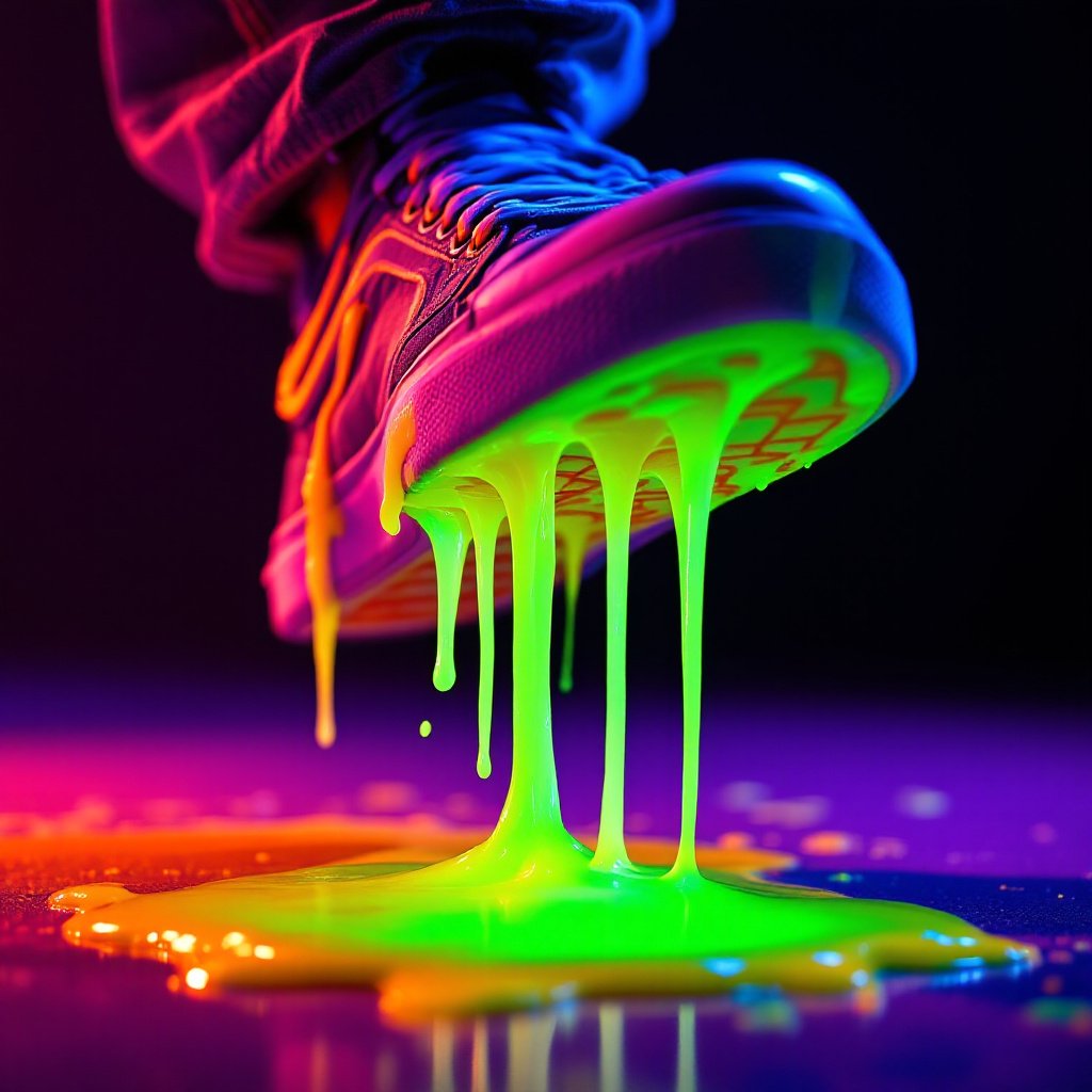 A vibrant, close-up image of a sneaker stepping onto a bright, glowing chewing gum, which stretches in strands as the shoe lifts. The scene is set under a blacklight, causing the neon colors of the sneaker and the sticky material to pop dramatically against the dark background. The electric green glow of the goo contrasts strikingly with the warm orange accents of the sneaker, creating an eye-catching, surreal effect. This image captures a playful and slightly edgy aesthetic, reminiscent of street art or a modern urban vibe, symbolizing unexpected encounters or sticky situations.