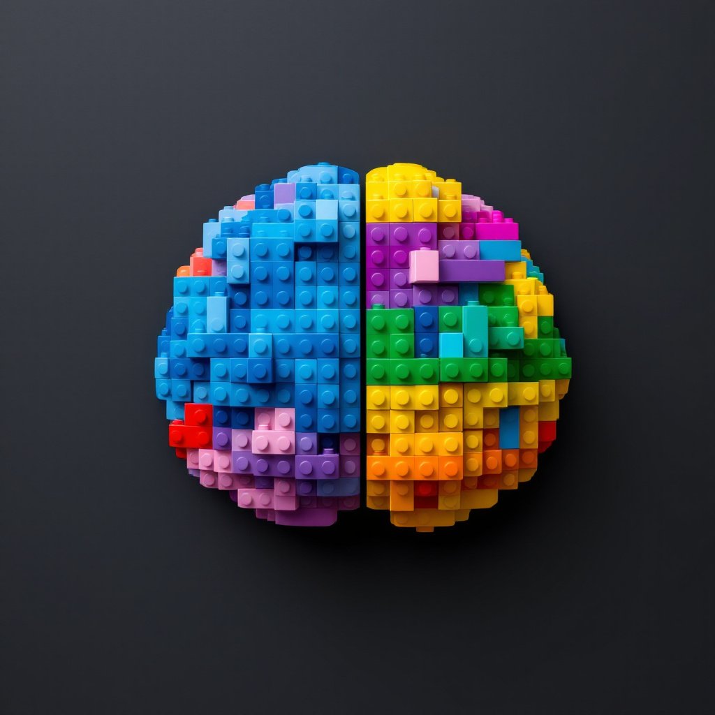 Create a super detailed photo of a brain from top built from Lego bricks. The background is a dark gray. The left half of the brain is made of blue Lego bricks. The right half of the brain is made of all the colors of the rainbow.