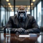 Metaphorisches Bild eines Silberrücken-Gorillas im Anzug, der dominant an einem Konferenztisch sitzt und den "Silberrücken-Effekt" – einen informellen, nicht legitimierten Anführer – darstellt.