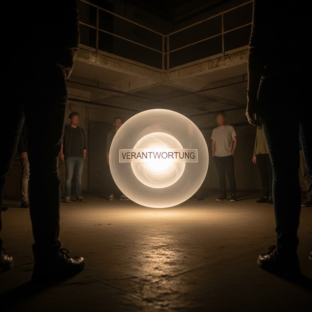 Symbolisches Bild einer leuchtenden Kugel mit der Aufschrift "VERANTWORTUNG", von der sich eine Gruppe von Menschen demonstrativ abwendet. Dies stellt die organisierte Unverantwortlichkeit dar.