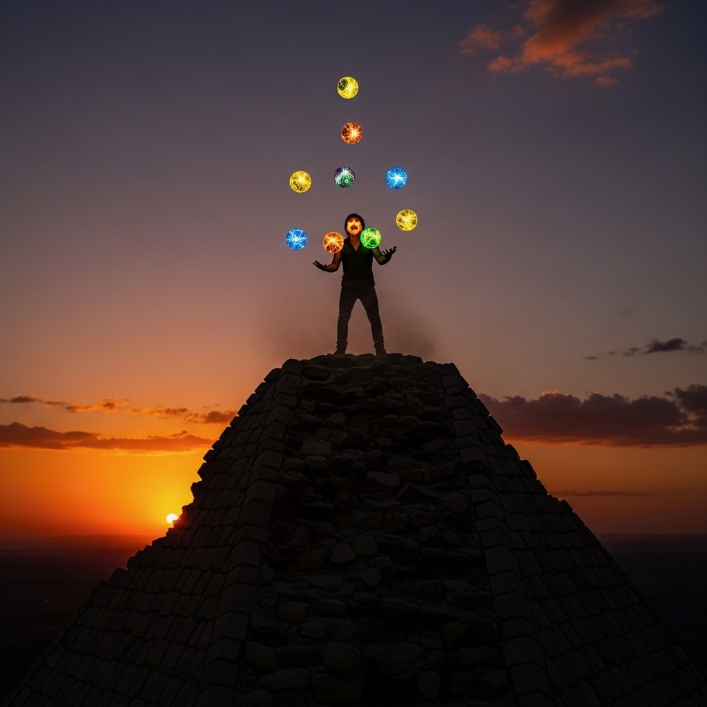 Metaphorisches Bild einer isolierten Figur an der Spitze einer Pyramide, die überlastet versucht, ein Dutzend leuchtender Kugeln zu jonglieren. Stellt die Situation der Führungskräfte dar.