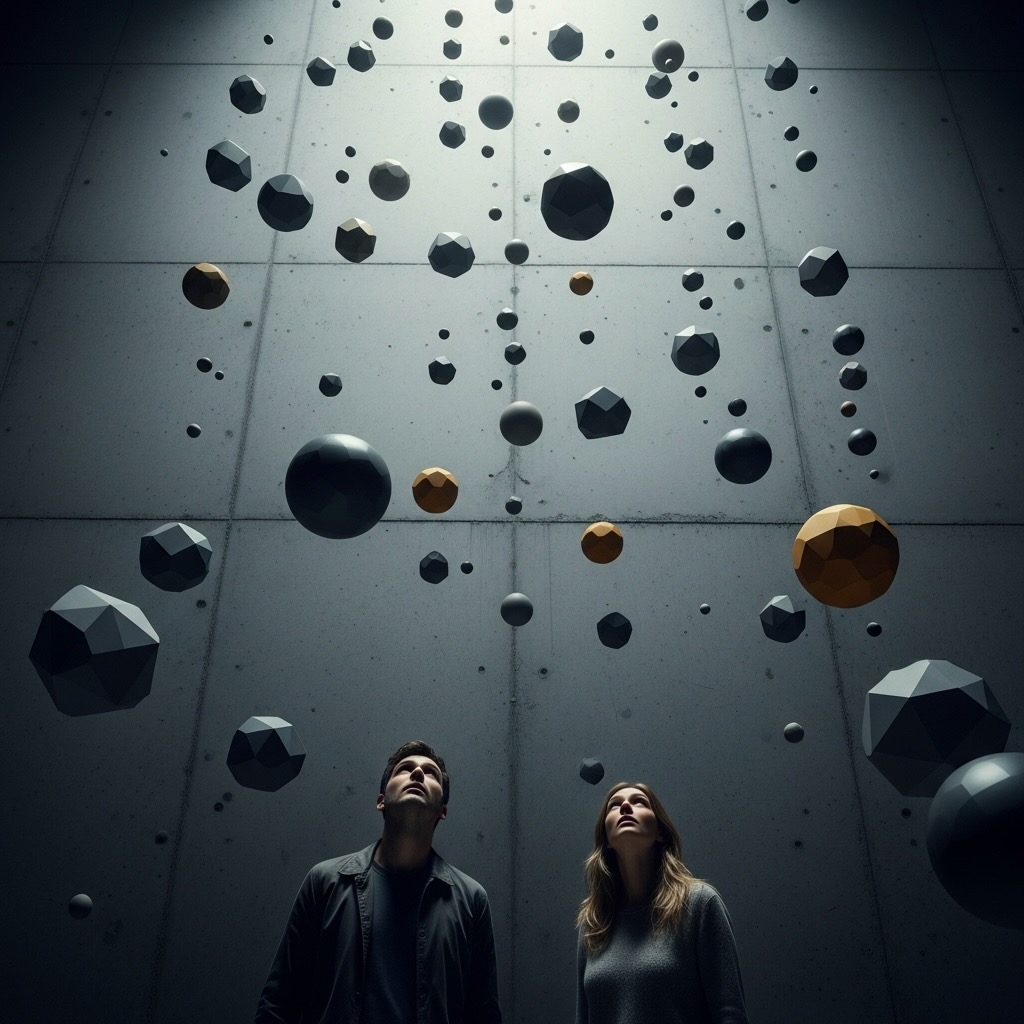 Symbolisches Bild von Figuren am Fuße einer riesigen, undurchsichtigen Wand, während von oben unverständliche Entscheidungen herabfallen. Visualisiert das Gefühl der Machtlosigkeit.