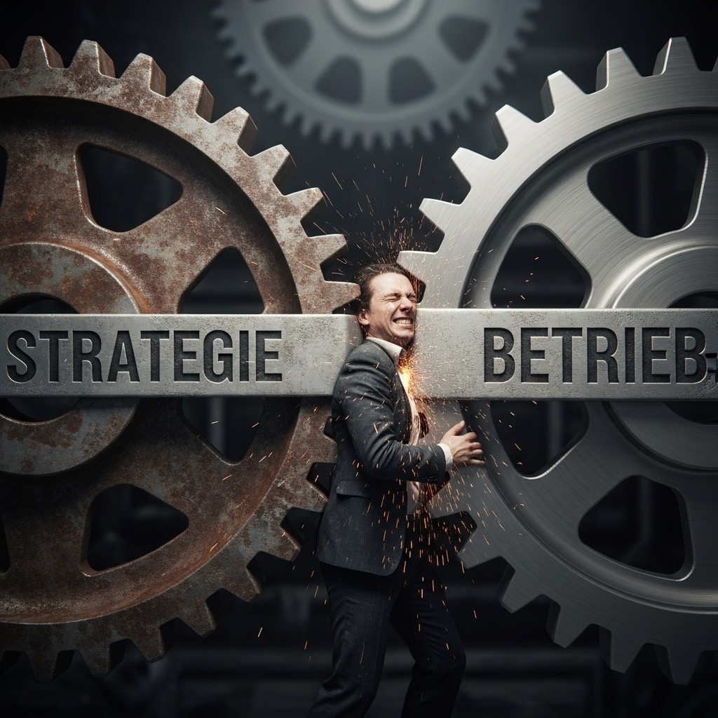 Metaphorische Grafik einer Figur, die zwischen zwei großen Zahnrädern mit der Aufschrift "STRATEGIE" und "BETRIEB" zerquetscht wird. Symbolisiert die Zerrissenheit des mittleren Managements.