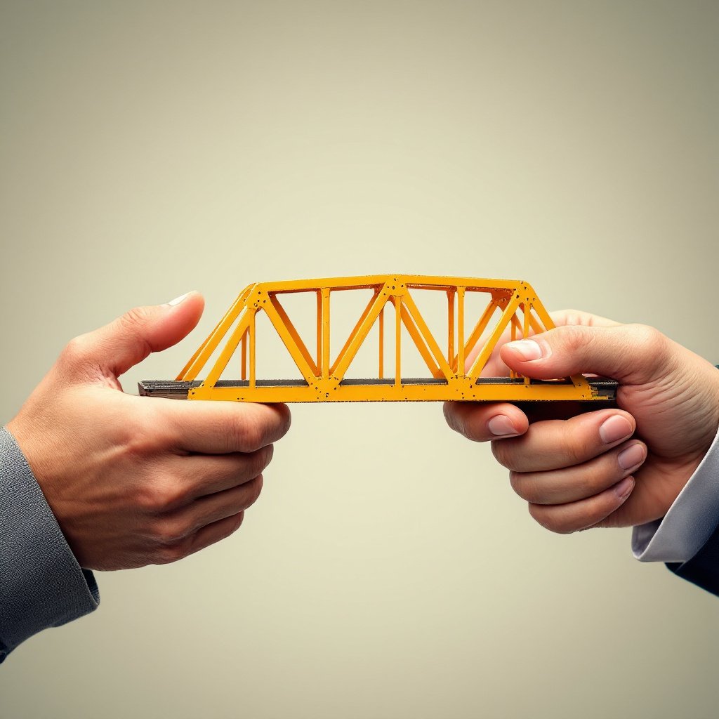 The photograph shows two hands reaching out from opposite sides of the frame. Together, they hold a small, yellow truss bridge, symbolizing the concept of building a connection or bridging a gap. This image could represent themes of cooperation, negotiation, or the importance of partnerships in achieving common goals.