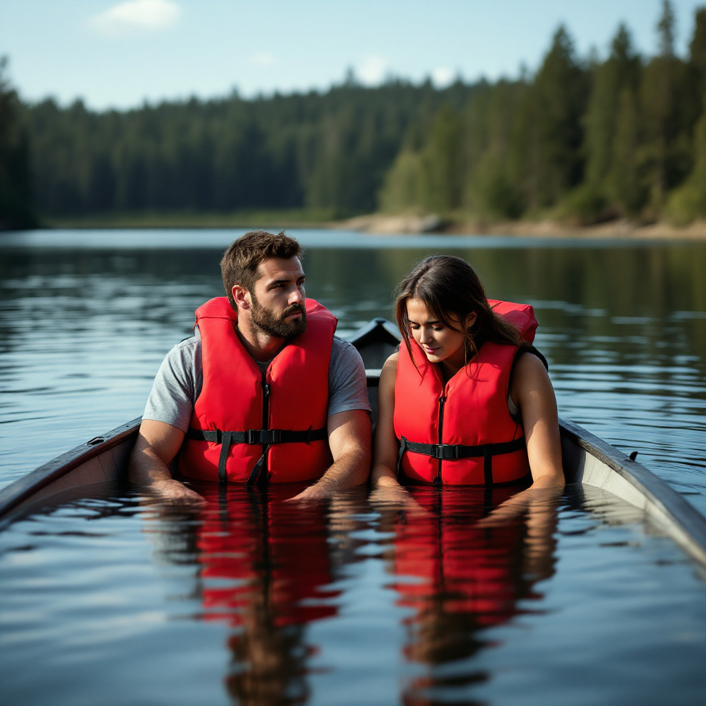 Two people in red life vests sit in a half-sunken canoe on a calm lake, surrounded by forested shores in the background. The man looks resigned as he gazes forward, while the woman bows her head in frustration. The scene humorously captures the aftermath of a failed canoeing trip, blending human emotion with the serenity of nature.