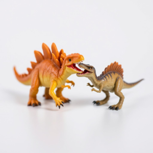 Two small dinosaur toys on a plain, white background, captured in a playful or dramatic interaction. One toy resembles a Stegosaurus with an orange and yellow body, while the other looks like a carnivorous dinosaur with a slender build and brownish coloring. The carnivorous dinosaur has its mouth open as if biting the Stegosaurus, creating a dynamic scene that evokes a moment of tension or play between the two figures. The minimalist background emphasizes the dinosaurs, adding focus to their interaction