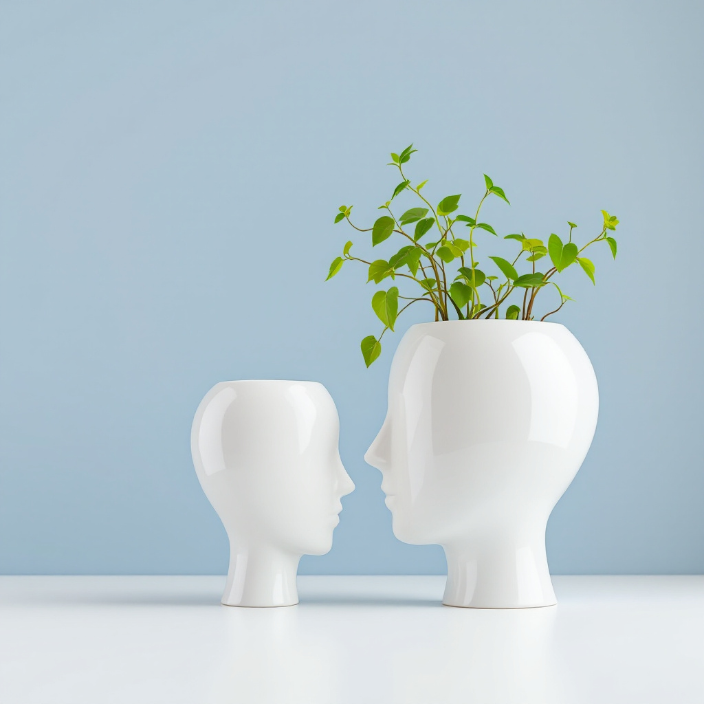 Two white ceramic pots shaped like heads, one large and one small, sit on a white surface against a pastel blue background. Green vines grow only out of the larger pot, giving the impression of “thoughts” or creativity flourishing. The composition is artistic, symbolizing a connection between nature and imagination. Rotten vines appear utterly of the smaller ceramic head.