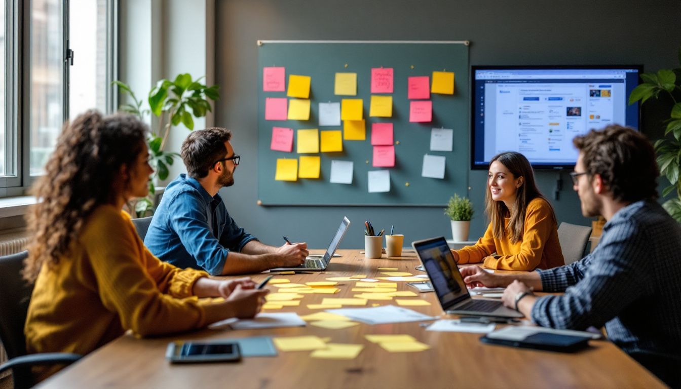 a creative meeting with post its in a modern team