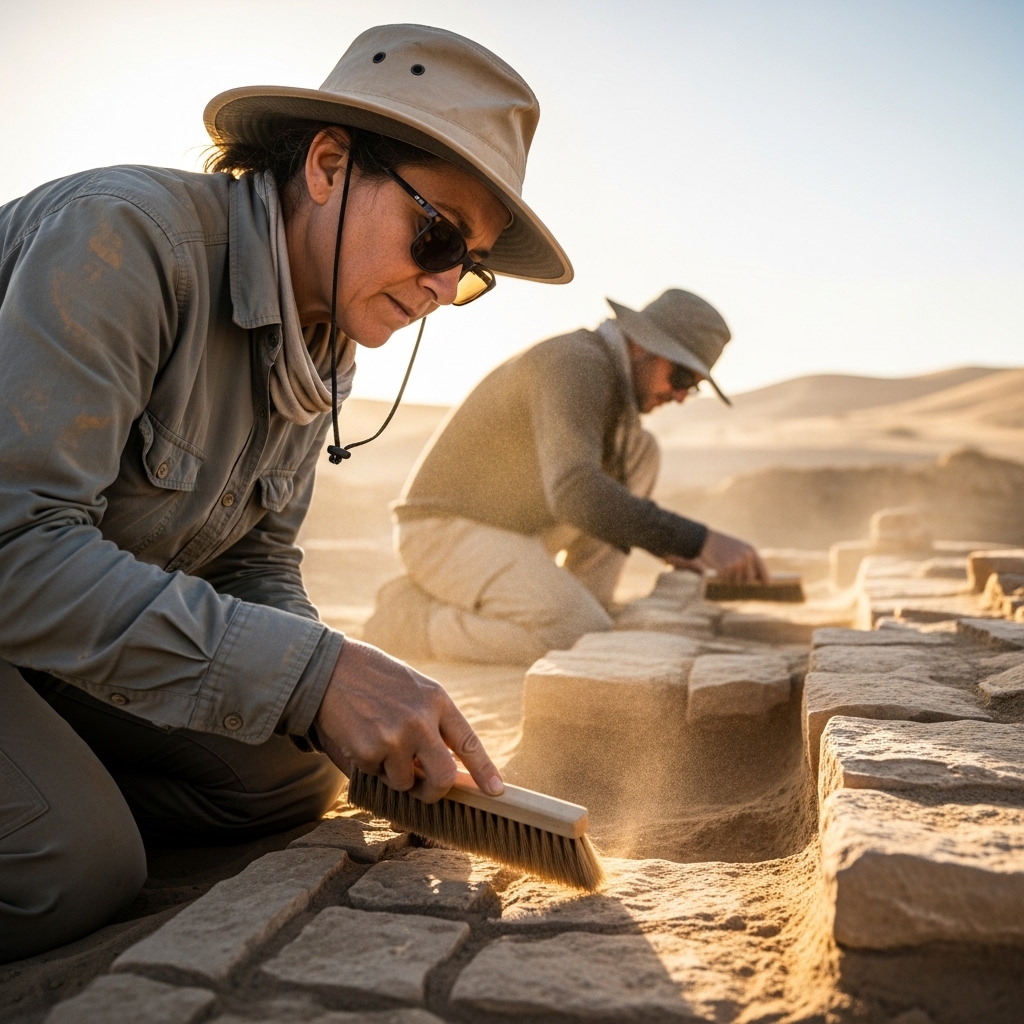 Metaphorische Darstellung von Menschen als Archäologen, die mit Pinseln vorsichtig das verborgene Fundament einer Struktur freilegen, um die wahren Ursachen zu finden.
