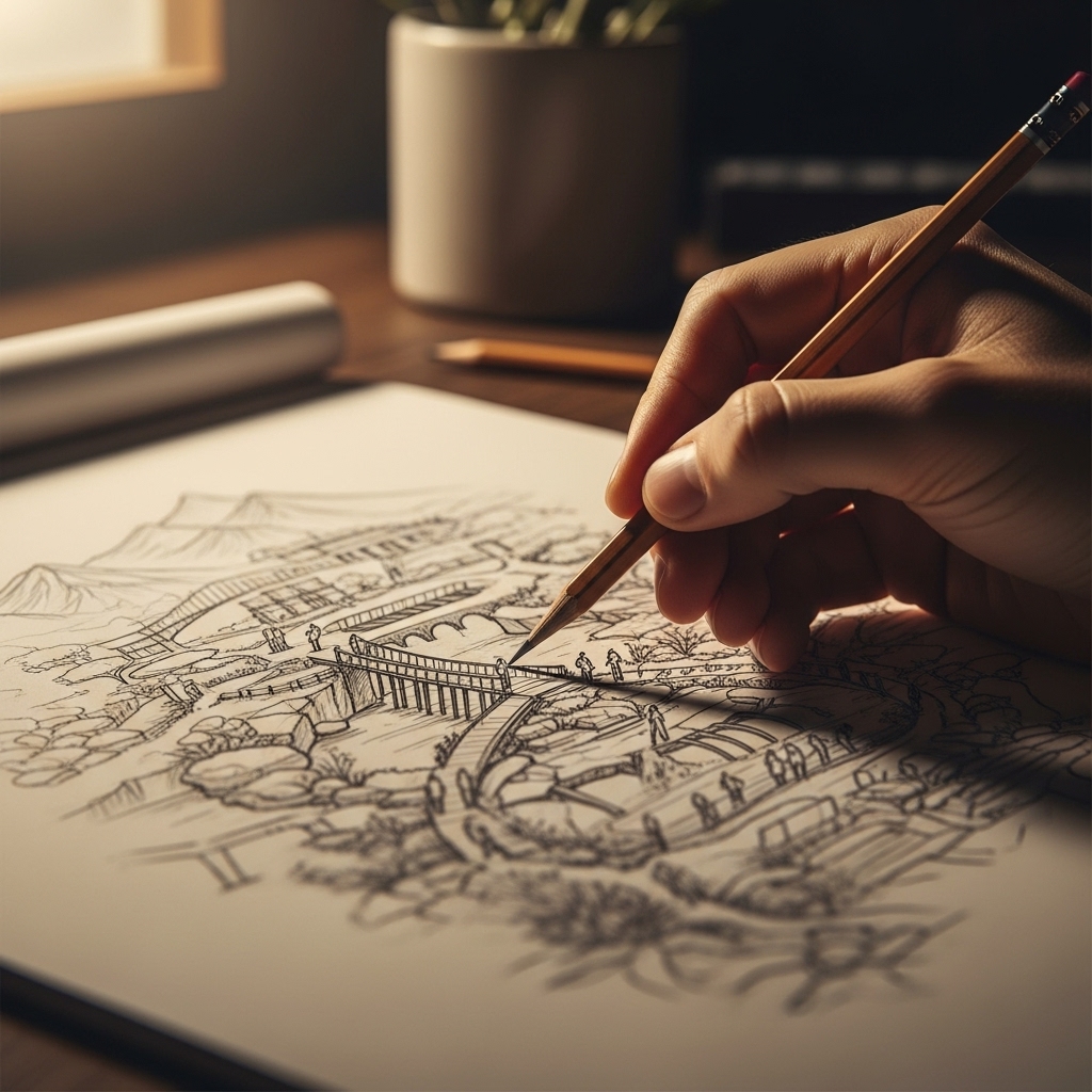 Konzeptionelles Bild einer Hand, die nicht die Menschen selbst, sondern die Umgebung um sie herum gestaltet – durch das Zeichnen von Brücken und klaren Wegen.
