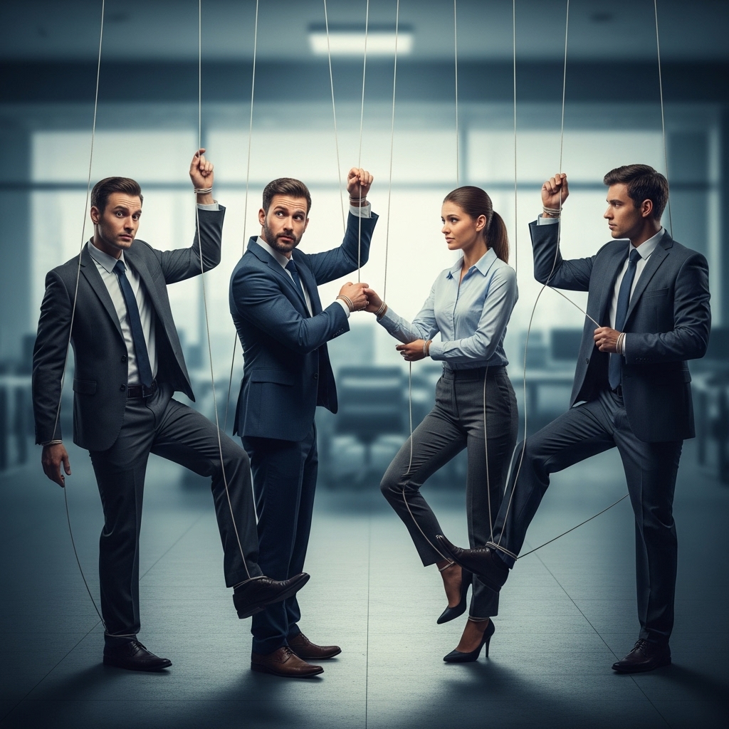 Metaphorische Illustration von kompetenten Geschäftsleuten als Marionetten. Kaum sichtbare Fäden zwingen sie in unproduktive, widersprüchliche Haltungen und symbolisieren, wie das unsichtbare System das Verhalten im Team steuert und Konflikte verursacht.