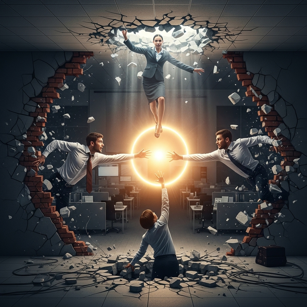 Konzeptionelle Illustration, in der die drei Figuren aus den getrennten Räumen die Wände durchbrechen und sich die Hände reichen, um eine partnerschaftliche Verbindung zu schaffen.