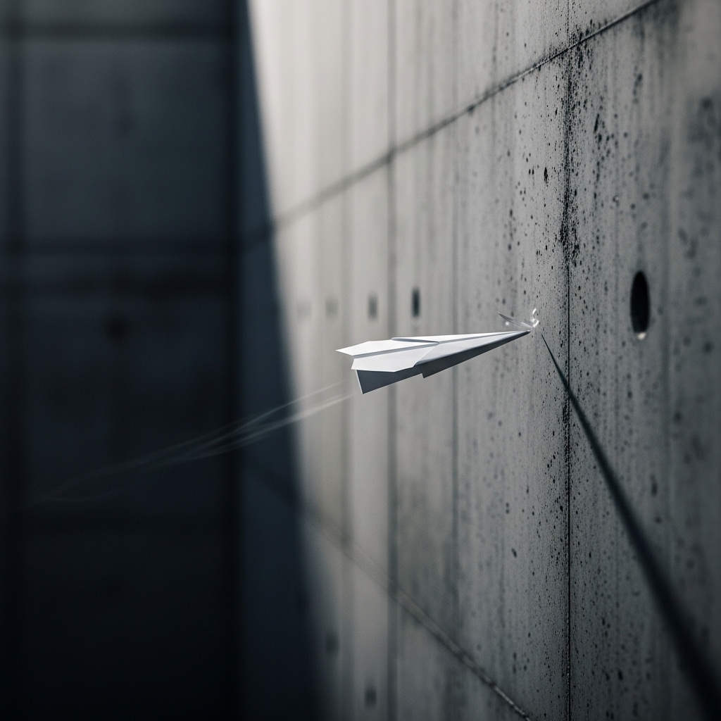 Minimalistisches Bild eines Papierfliegers (ein Appell), der wirkungslos an einer massiven Betonwand (dem System) abprallt.