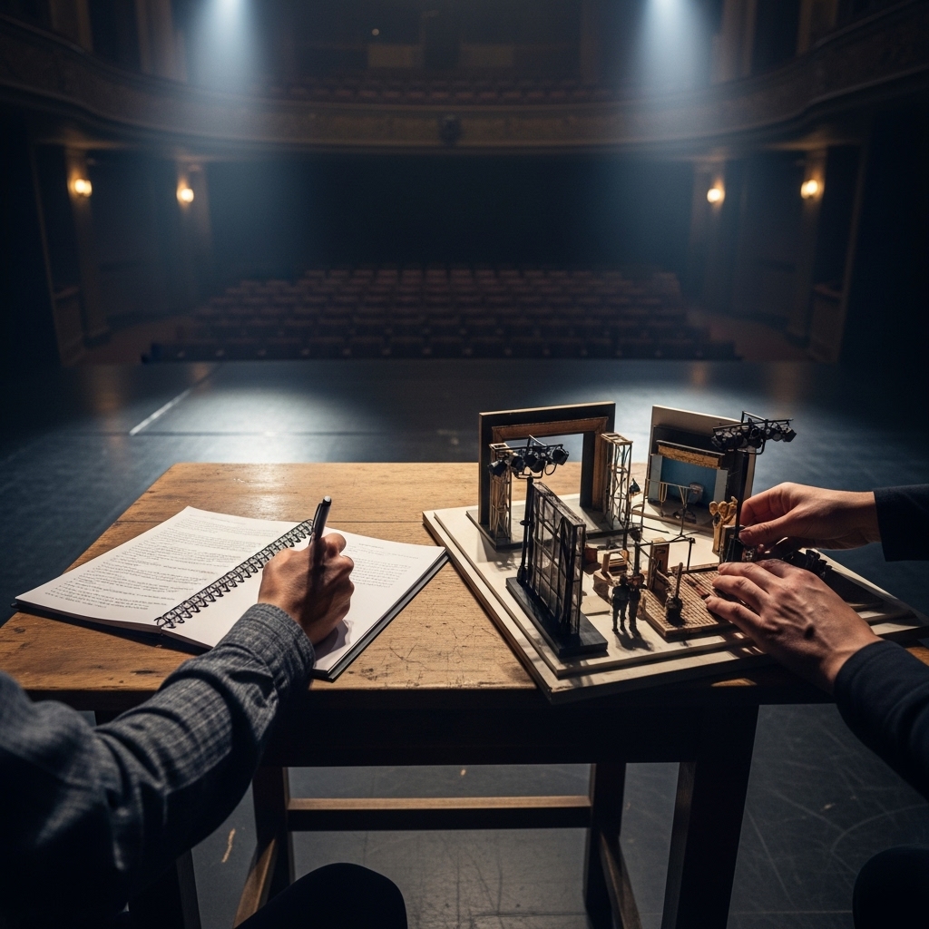 Minimalistische Illustration einer leeren Theaterbühne, auf der das Drehbuch und die Kulissen neu gestaltet werden. Symbolisiert, dass Führung die Gestaltung des Systems ist.