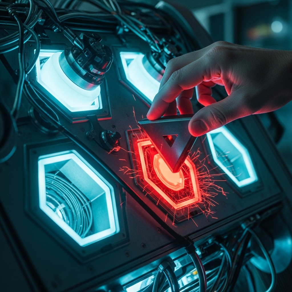 Abstrakte Darstellung eines Systems als Maschine, die nur passende Inputs akzeptiert und eine neue, anders geformte Idee zurückweist. Symbol für die fehlende Anschlussfähigkeit.