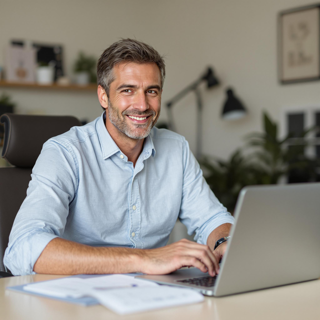 A 19-year-old man who looks mature, has wrinkles and a smooth face sits at his laptop in his home office and is happy