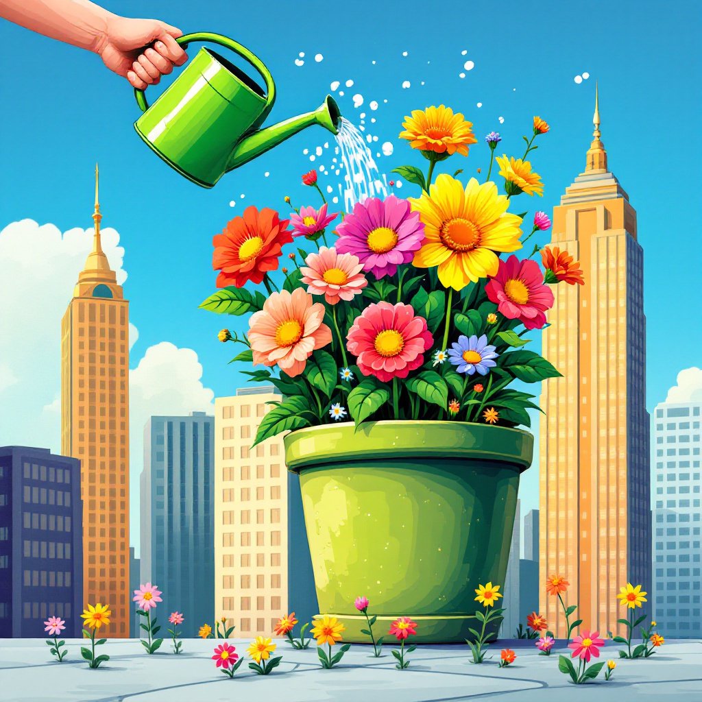 A colorful illustration depicting a cityscape with skyscrapers, where one building is creatively transformed into a flower pot, holding a vibrant bouquet of oversized flowers in various colors. A green watering can pours water over the flowers, symbolizing growth and renewal within an urban environment. The background features a clear blue sky, while smaller flowers are scattered around the base of the buildings, adding to the scene's lively, hopeful atmosphere. This artwork evokes themes of urban greening, sustainability, and the integration of nature into city life.