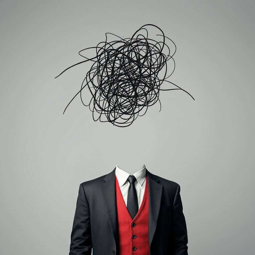 A conceptual image depicting a person in a suit and red vest, with a chaotic scribble replacing the head, symbolizing confusion, mental clutter, or overwhelming thoughts. The background is a plain gray, allowing the viewer's focus to remain on the tangled lines above the suit, which visually represent a state of mental disarray. The lack of a face or head creates an abstract and thought-provoking portrayal of stress or inner turmoil, commonly associated with the challenges of modern life or work-related anxiety.