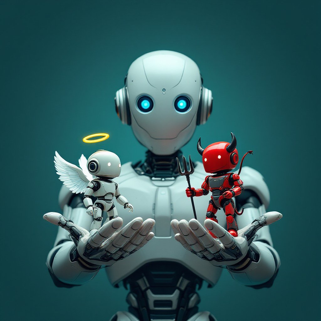 A futuristic robot stands against a dark teal background, holding two miniature figures on its open hands—a small angelic robot with a halo and wings on one side and a devilish robot with horns, a trident, and a tail on the other. The robot’s head is tilted, as if contemplating the figures, symbolizing an internal conflict or a decision-making process between good and bad influences. The image playfully merges traditional moral symbolism with futuristic, robotic elements, representing themes of ethics, artificial intelligence, and the duality of human-like decision-making in machines.