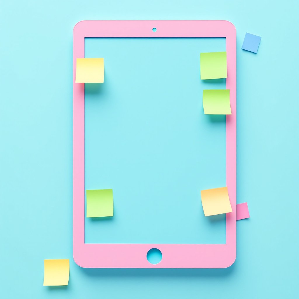 A stylized image of a tablet-shaped cutout on a light blue background, with a pink interior representing the screen. Multiple colorful sticky notes, in shades of yellow, pink, green, and blue, are placed on the 'screen' area, with a few notes also scattered outside the tablet frame. The design playfully combines digital and analog elements, suggesting a brainstorming or planning session with sticky notes, yet displayed as if on a digital tablet. The minimalistic and pastel color scheme adds a modern and creative touch to the image.