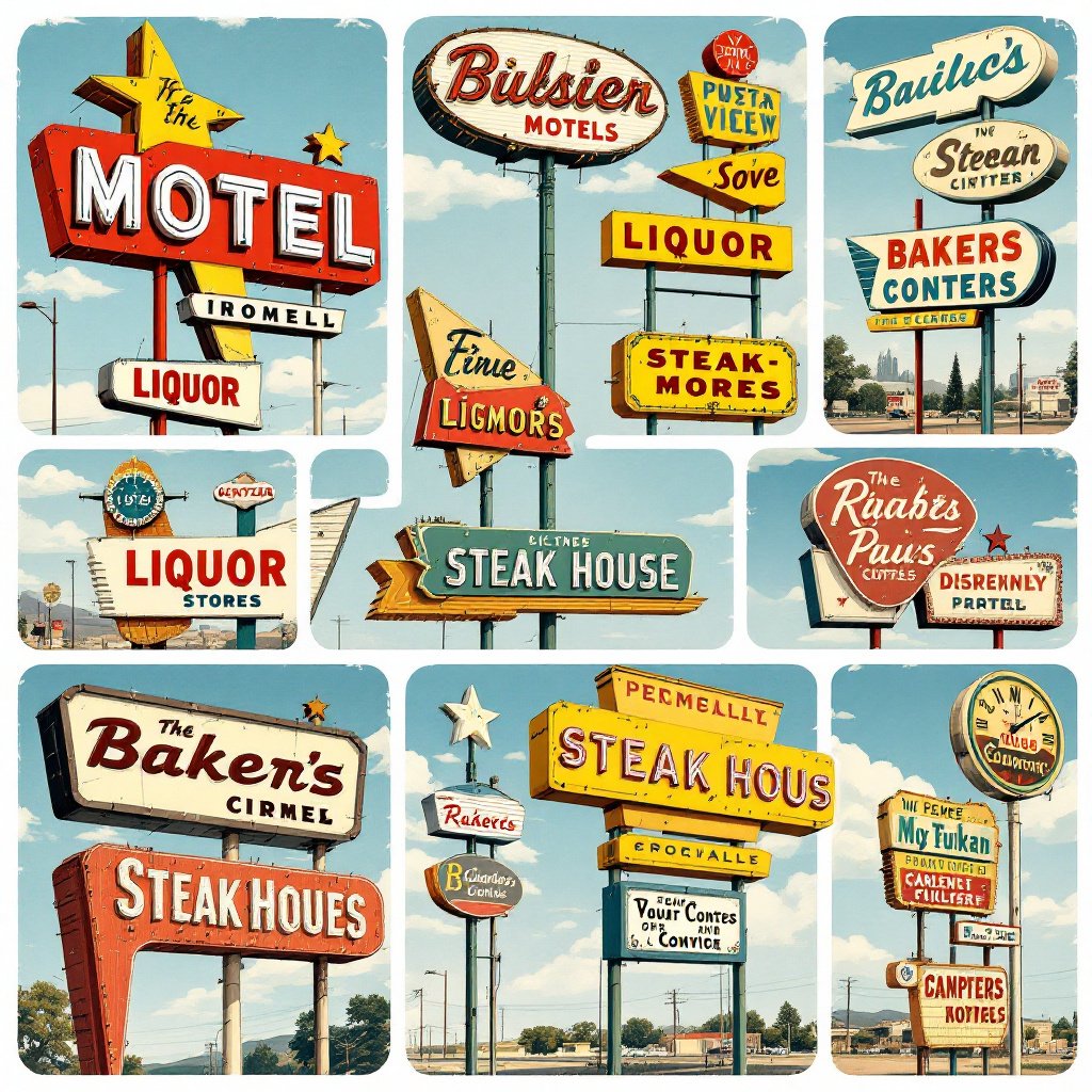 A vibrant collage of vintage American signs from various establishments, each evoking a nostalgic mid-20th-century aesthetic. The signs include classic designs for motels, liquor stores, steak houses, and bakeries, featuring bold, retro typography and bright, contrasting colors like red, teal, and yellow. Each sign stands against a clear sky, often with a weathered look, capturing the essence of roadside Americana and the charm of old-fashioned commercial signage. The layout celebrates the artistry of vintage advertising and the enduring cultural appeal of classic roadside architecture
