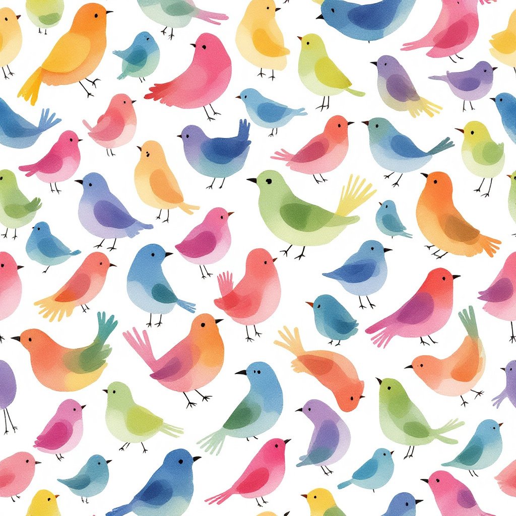 A vibrant pattern of watercolor birds in various colors, including shades of blue, red, yellow, green, and purple, arranged on a white background. Each bird is painted in a simple, minimalistic style, creating a playful and cheerful aesthetic. The repeating pattern provides a sense of rhythm and harmony, with the colorful birds standing out vividly against the white background, evoking feelings of joy, freedom, and the beauty of nature.