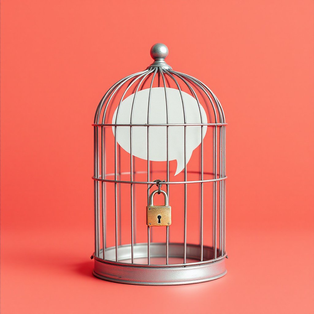 An artistic image showing a speech bubble symbol enclosed within a metal birdcage, locked with a small padlock against a warm coral background. The cage symbolizes restricted expression or limited communication, while the speech bubble inside hints at ideas, thoughts, or voices that are being contained or silenced. The minimalistic style, combined with the contrasting background color, creates a powerful visual metaphor for themes like censorship, suppressed opinions, or constrained freedom of speech.