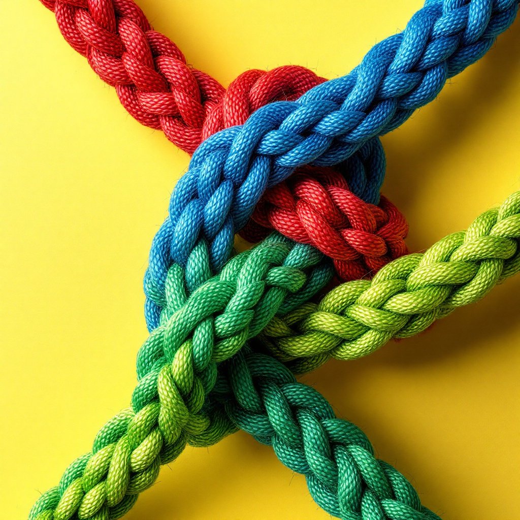 An image showcasing three intertwined climbing ropes in vibrant colors — red, blue, and green — each knotted together in secure, complex formations. The background is a soft yellow, allowing the bold colors and textures of the ropes to stand out. The different knots suggest themes of connection, strength, and resilience, symbolizing teamwork or support. The detailed texture of the braided ropes conveys durability, making this composition an ideal metaphor for reliability and unity.
