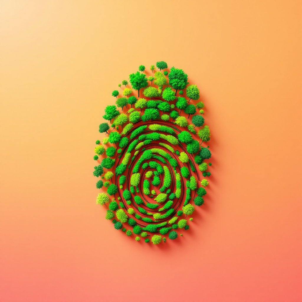An imaginative representation of a green fingerprint made from small, lush trees arranged in the pattern of a human fingerprint on a warm gradient background of orange and pink hues. The unique combination of organic elements and a biometric symbol suggests themes of environmental responsibility, individual impact, and the connection between identity and sustainability. The contrast between the vibrant green trees and the warm background creates a visually striking image, emphasizing the importance of ecological awareness and personal involvement in environmental protection.