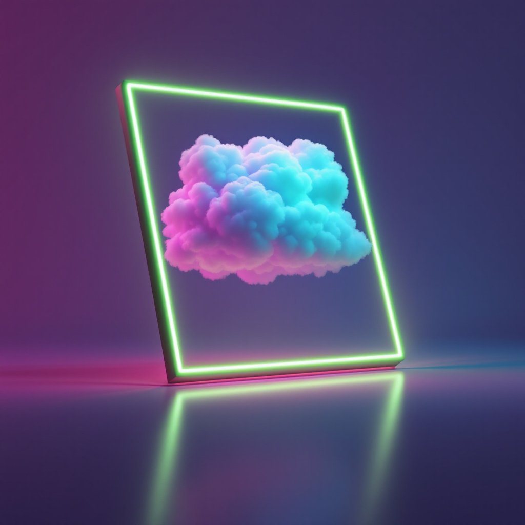 Create a surreal image featuring a fluffy cloud in a minimalistic room with a tilted frame surrounding it. Use a futuristic color palette with a deep purple background, a neon green frame, and an electric blue cloud that emits a soft glow. The lighting should give a sense of depth, with the shadow of the frame and cloud casting subtle reflections below. The overall atmosphere should evoke a feeling of advanced technology and innovation, symbolizing the potential and future of AI.