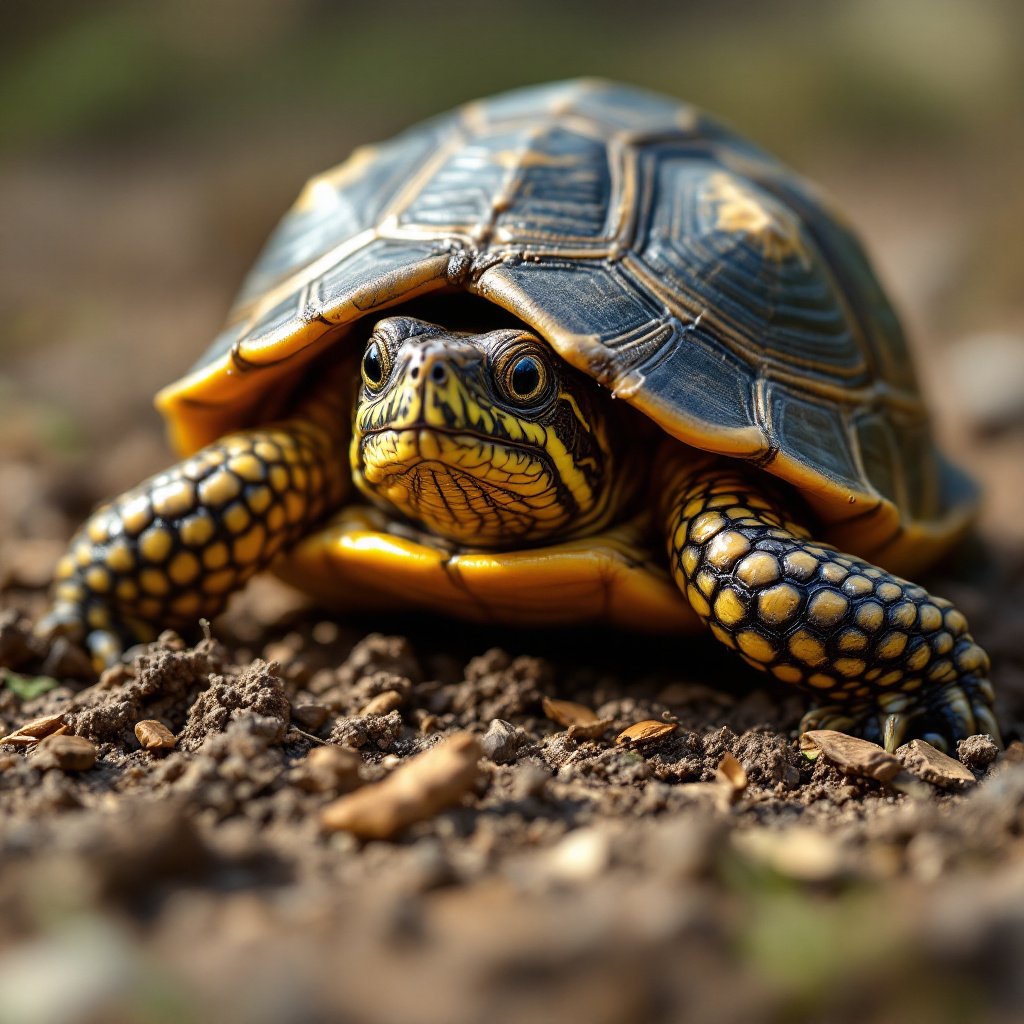 Nervous box turtle is peaking out of his shell