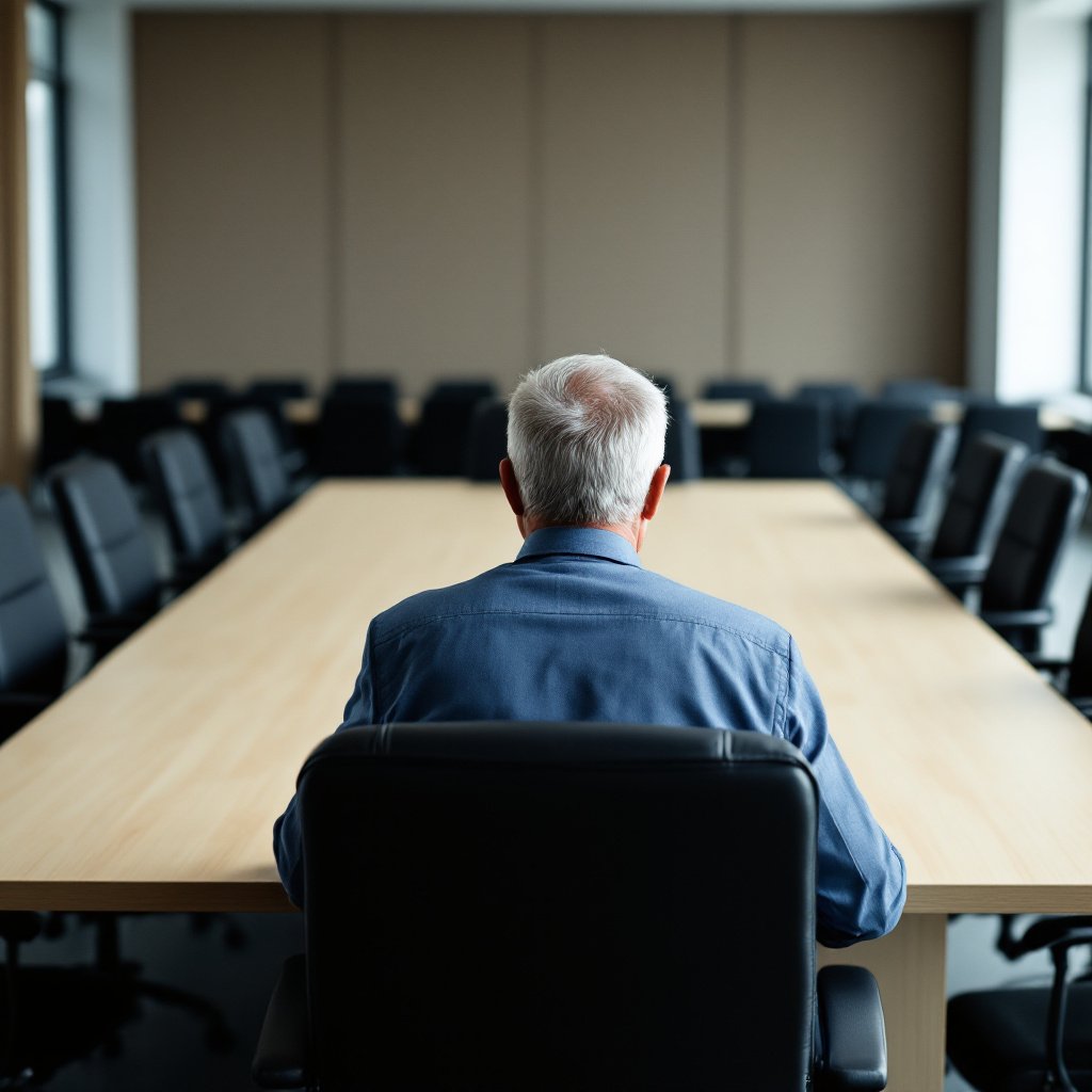 The photo shows an older man with gray hair sitting alone at a large conference table, viewed from behind. The table is made of light wood and consists of four combined tables, forming a large square surface. Around the table are empty black leather chairs with armrests. The room appears spacious and bright, with large windows in the background letting in natural light. Along the walls, there are additional rows of empty chairs, suggesting a formal setting like a conference or meeting room. The scene conveys a sense of solitude and contemplation.