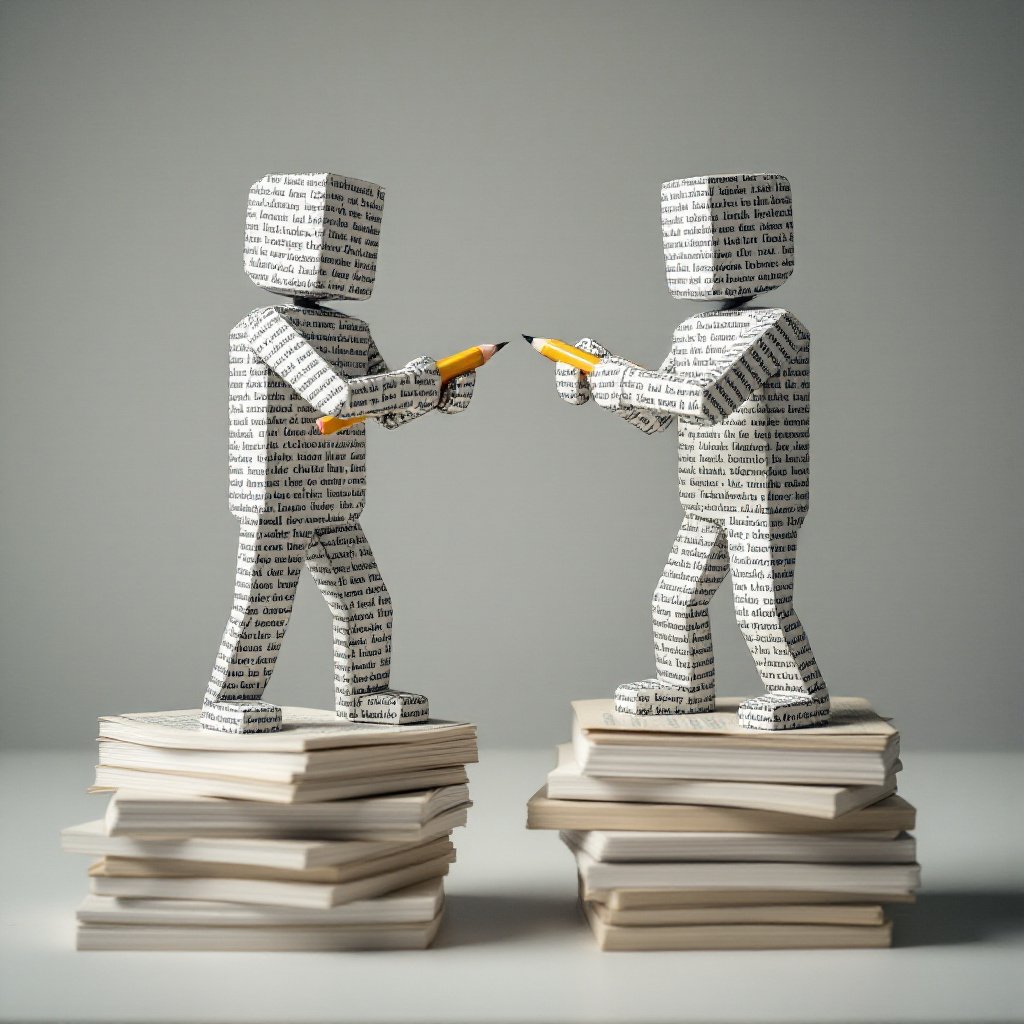 This image shows two human figures, constructed from paper, standing atop stacks of paper. Each figure holds a pencil, and they are posed in a dueling stance, crossing their pencils as if in a battle. The text covering their bodies and the paper stacks suggests themes of writing, communication, or intellectual conflict, potentially symbolizing an argument or debate. The image conveys a playful yet intense visualization of a "war of words" or creative competition, where ideas clash through written expression. This composition could effectively represent editorial disputes, literary rivalry, or a metaphor for the power of language.
