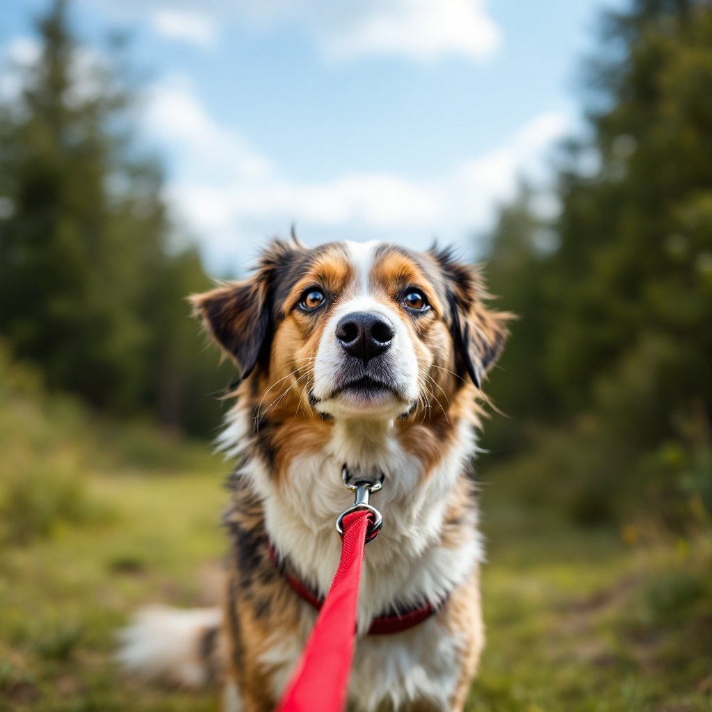 a dog that doesn't want to go and pulls on a red leash.