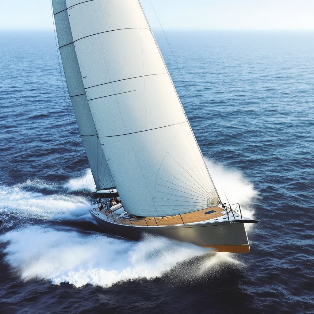 a modern sailing boat on a calm sea with high speed and strong wind in the sails.